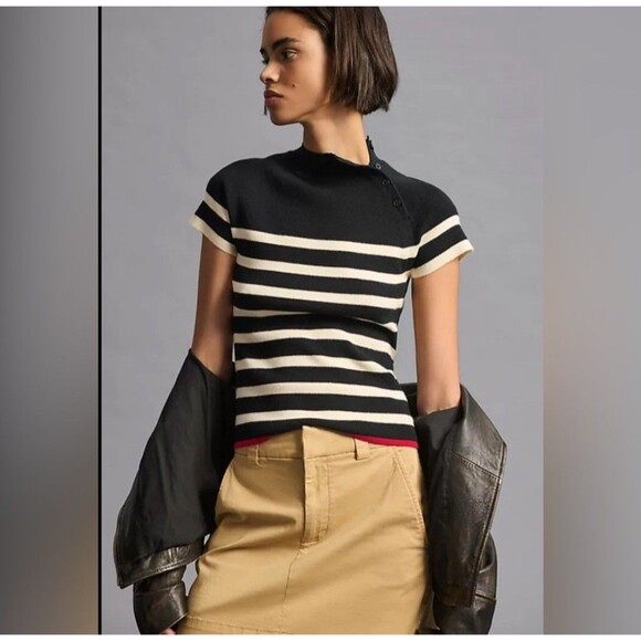 Maeve Anthropologie Striped Mock-Neck Sweater Tee Size Small - Picture 1 of 6